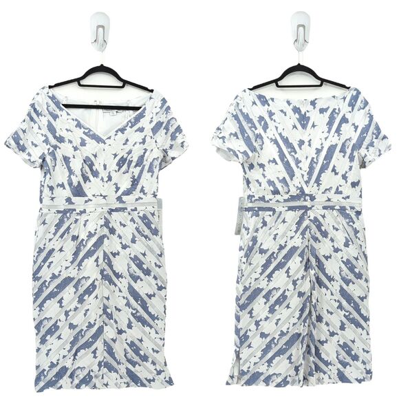 Kay Unger Dresses & Skirts - Kay Unger Women 12 Dress Gray White Mitered Stripes Floral Portrait Neckline NEW